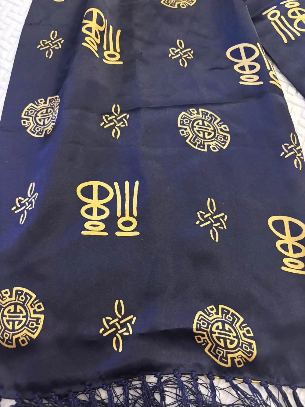 EUC Navy Blue & Gold Patterned 100% Silk Scarf with fringed edges rectangular